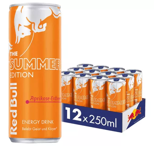 Red bull summer abrikoos aardbei blik (12x 25cl) (1) redbull abrikoos aardbei tray